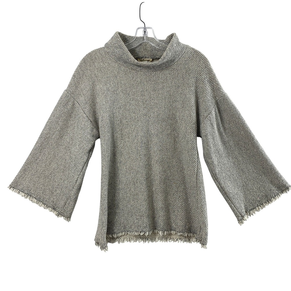 Cousin Earl Top Women M Black White Bell Sleeve Fringe Mock Neck Boho Casual USA